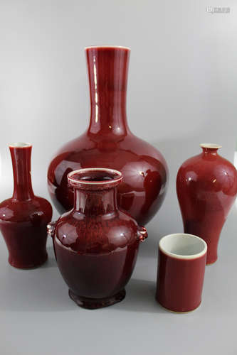 Five Chinese red glaze porcelain vases, marked.