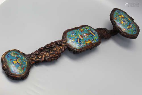 Chinese carved wood and cloisonne Ruyi scepter.