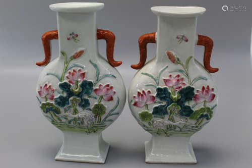 Pair of Chinese famille rose porcelain vases.