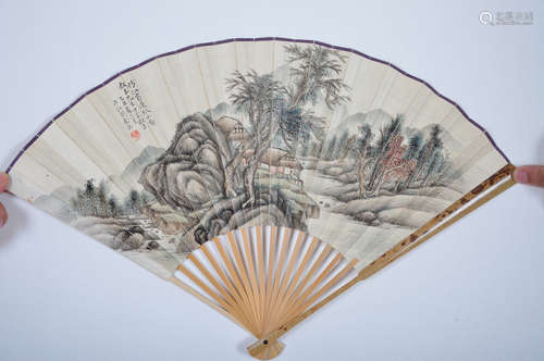 Chinese water color painting on fan, attributed to Zhou