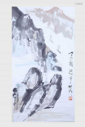 Chinese ink painting on paper scroll, attributed to Xie