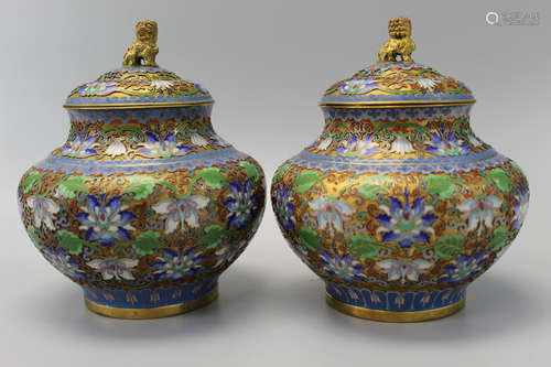 Pair of Chinese cloisonne jars with lids.