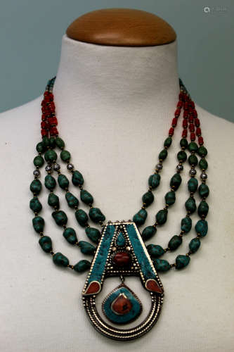 Tibetan Turquoise, Onyx, and Coral Necklace #1.