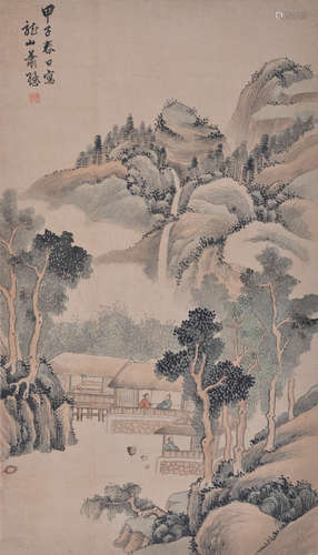 Chinese ink and water color painting on paper scroll