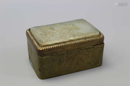 Chinese metal box with carved white jade top.