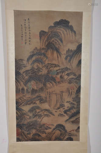 Chinese ink painting on silk scroll, attributed to Shen