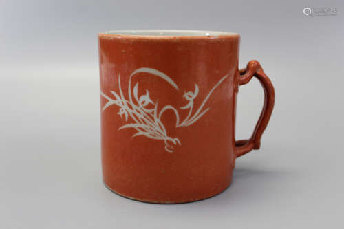 Chinese coral red glaze porcelain cup.