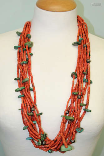 Turquoise and red coral  beads necklace.