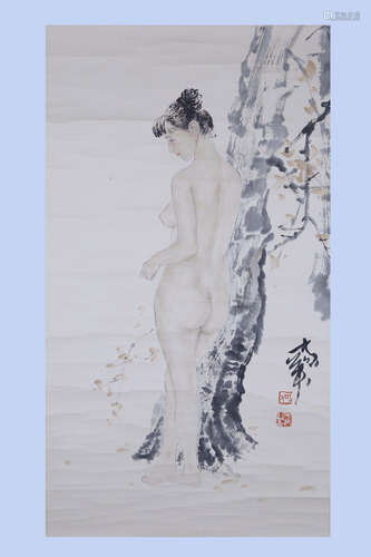 Chinese ink painting on paper scroll, attributed to He