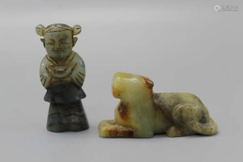 Chinese carved jade girl and dog.