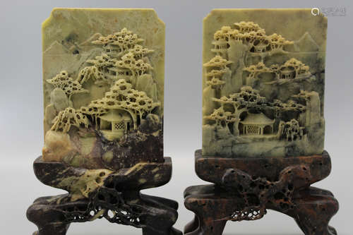 Two Chinese carved soapstone table screens.