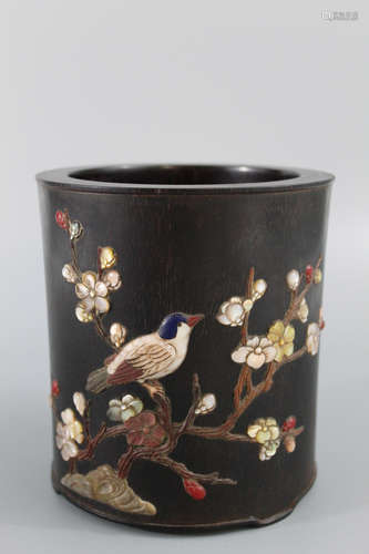 Chinese Zitan brush pot with mother of pearl and