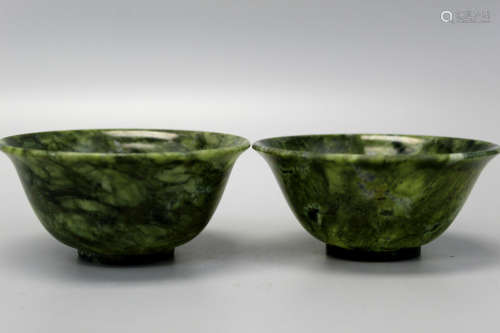 Pair Chinese Spinach Jade Bowls.