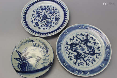 Three Chinese blue and white porcelain dishes.