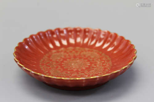 Chinese gilt red glazed porcelain plate, Jiaqing mark.