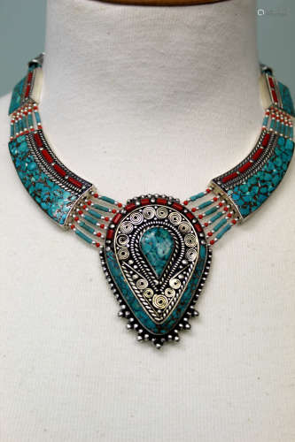 Tibetan Turquoise and Coral Chocker Necklace #2