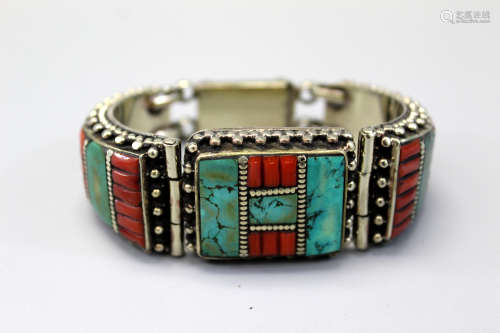 Tibetan Turquoise and Coral Bracelet.