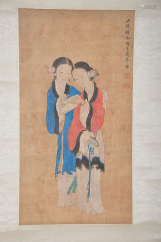 Chinese water color painting on silk scroll, attributed