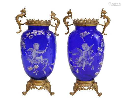 Pair Enamel Decorated Glass Vases