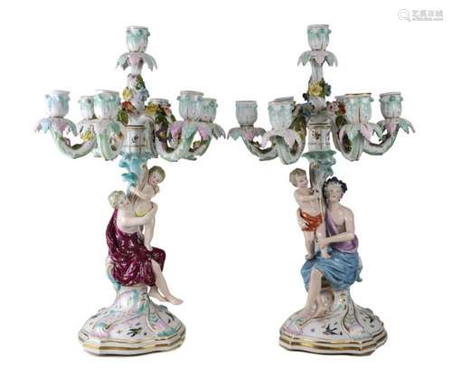 Large & Colorful Pair of Meissen Candle Holders