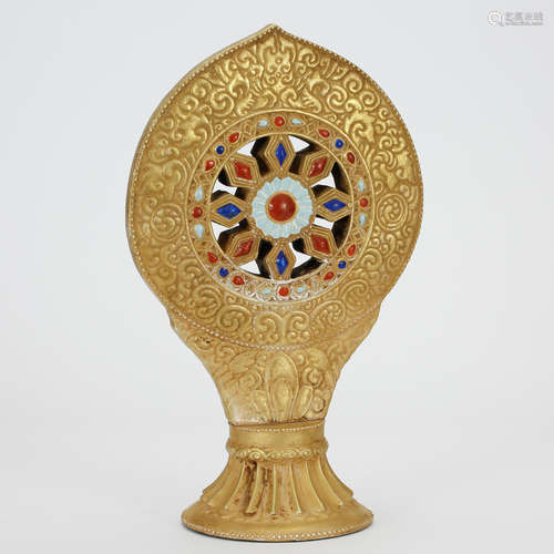 CHINESE TIBETAN GOLD DHAMMACAKKA WITH INLAID