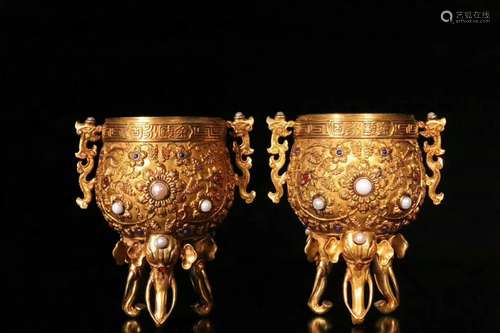 A Pair of Gilt Bronze Inlaid Precious Stone Cups