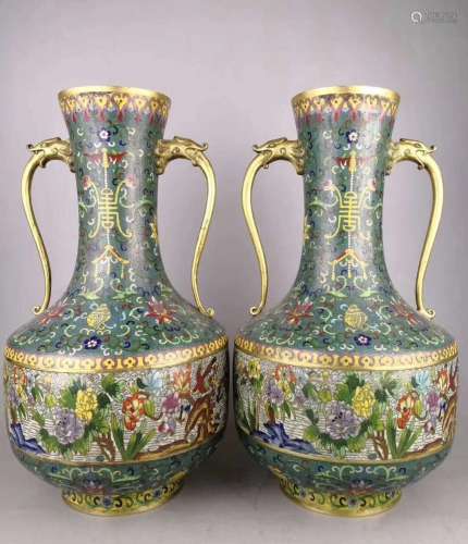 Qianlong Mark, A Pair of Cloisonne Bronze Vase