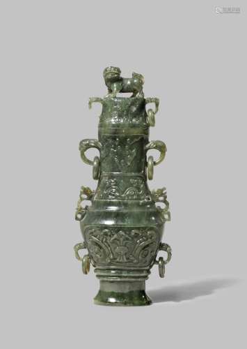 A CHINESE SPINACH-GREEN JADE ARCHAISTIC VASE AND COVER