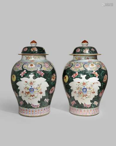 *A PAIR OF LARGE CHINESE FAMILLE NOIRE BALUSTER VASES AND COVERS