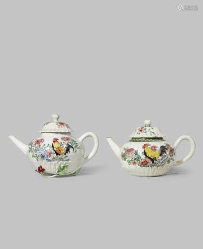 TWO CHINESE FAMILLE ROSE CHRYSANTHEMUM MOULDED TEAPOTS AND COVERS
