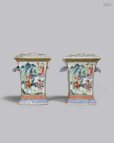 A PAIR OF CHINESE FAMILLE ROSE SQUARE-SECTION BOUGH POTS AND COVERS