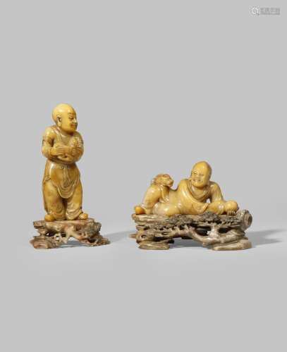 TWO CHINESE SOAPSTONE FIGURES OF LUOHANS