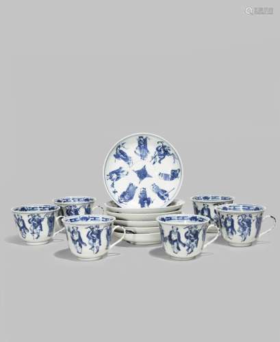 A SET OF SIX CHINESE BLUE AND WHITE CUPS AND SAUCERS