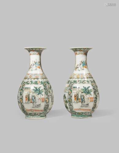 A PAIR OF CHINESE FAMILLE VERTE 'EROTIC SUBJECT' BOTTLE VASES