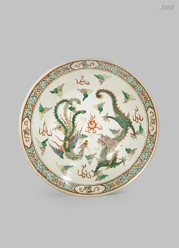 A LARGE CHINESE FAMILLE VERTE 'DRAGON AND PHOENIX' DISH