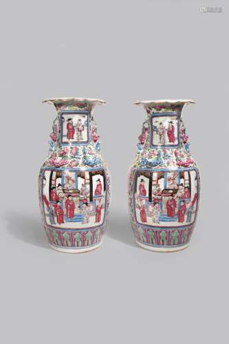 A PAIR OF CHINESE CANTON FAMILLE ROSE VASES
