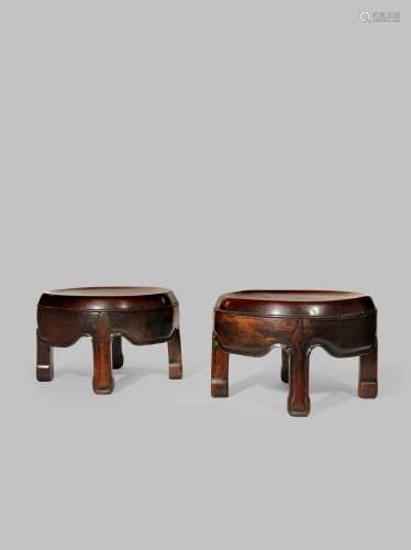 A PAIR OF CHINESE HARDWOOD LOW STOOLS