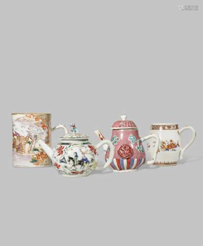 TWO CHINESE FAMILLE ROSE TEAPOTS AND COVERS AND TWO MUGS