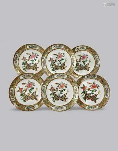 SIX CHINESE CANTON FAMILLE ROSE 'BUTTERFLY' PLATES