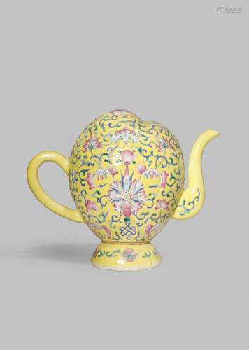 A CHINESE FAMILLE ROSE YELLOW-GROUND CADOGAN TEAPOT