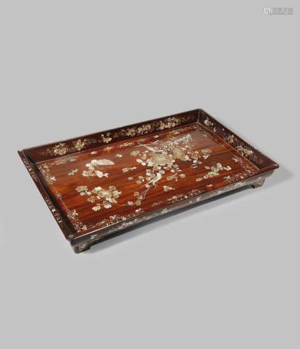 A CHINESE MOTHER OF PEARL INLAID HARDWOOD TRAY