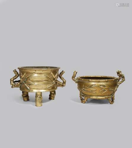 TWO CHINESE BRONZE TRIPOD INCENSE BURNERS