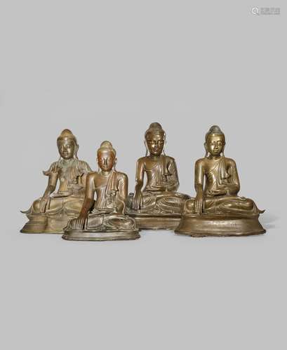 FOUR LARGE BURMESE BRONZE FIGURES OF BUDDHA SAKYAMUNI