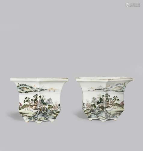 A PAIR OF CHINESE FAMILLE ROSE HEXAGONAL JARDINIERES