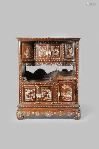 A CHINESE WOOD AND MOTHER OF PEARL TABLE CABINET