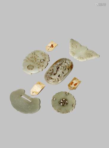 FIVE CHINESE CELADON JADE PLAQUES
