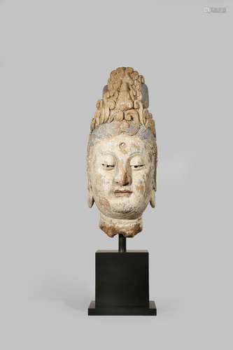 A CHINESE CARVED WOOD HEAD OF A BODHISATTVA