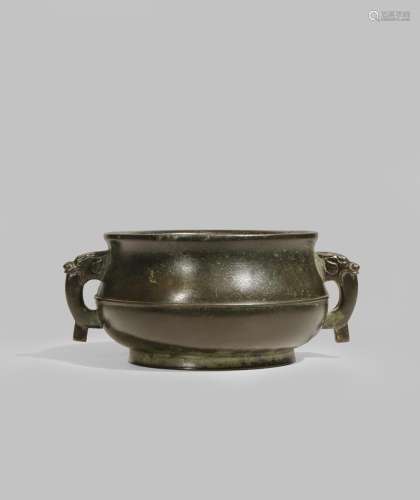A CHINESE BRONZE TWO-HANDLED INCENSE BURNER