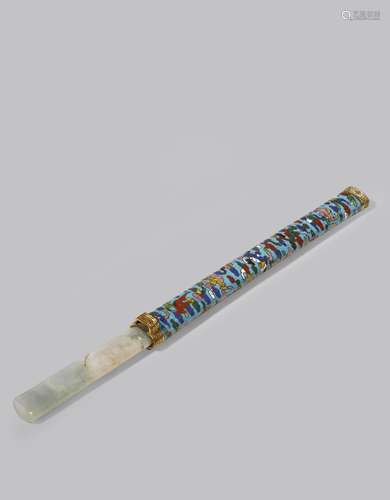 A CHINESE KNIFE WITH A CLOISONNE SCABBARD AND JADEITE HANDLE