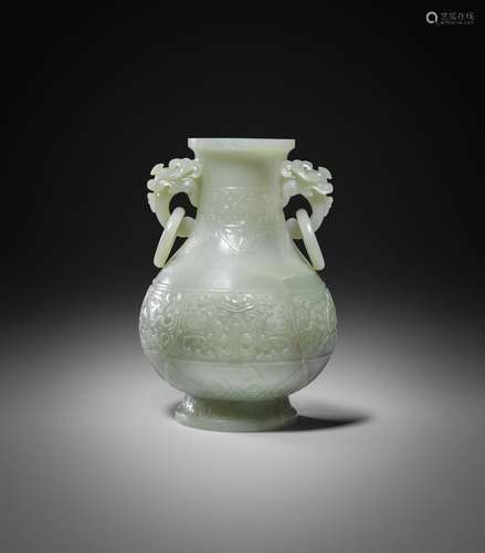 *A LARGE CHINESE PALE CELADON JADE HU-SHAPED VASE